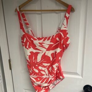 Anne Cole Coral and White Leaf Print One Piece Swimsuit